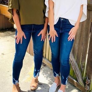 Dark Distressed Bite Hem Skinny Jeans